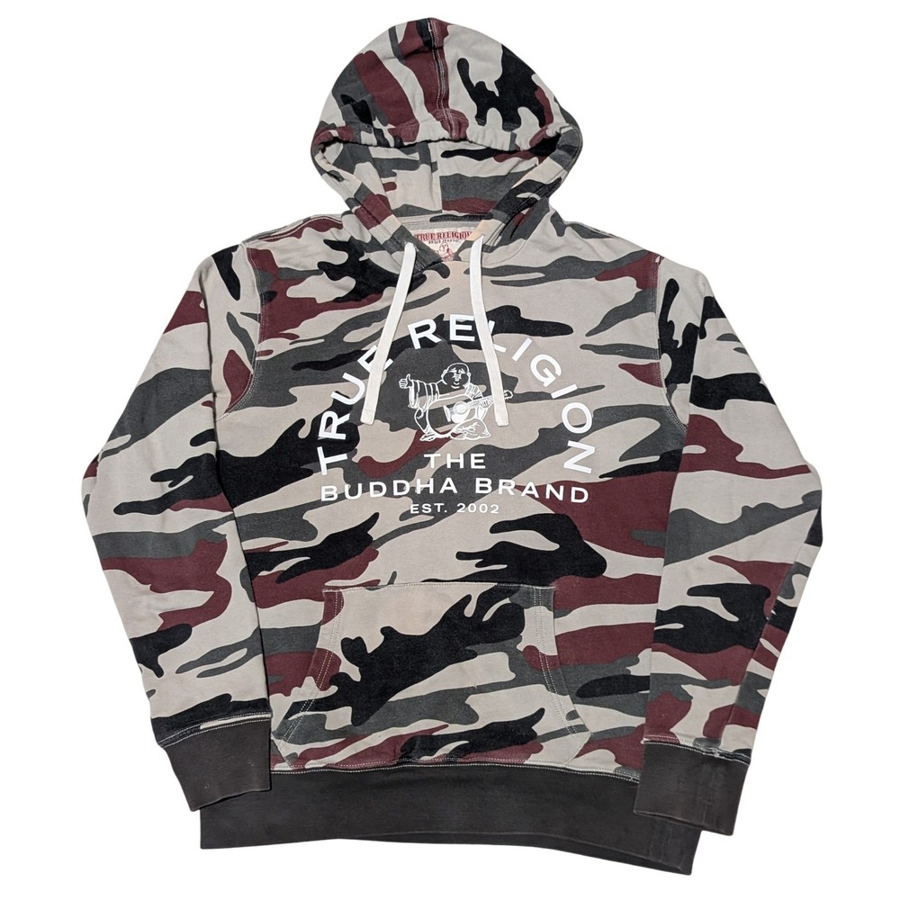 True Religion Hoodie Mens XL Multicolor Camo Buddha Logo Pullover Streetwear Y2K